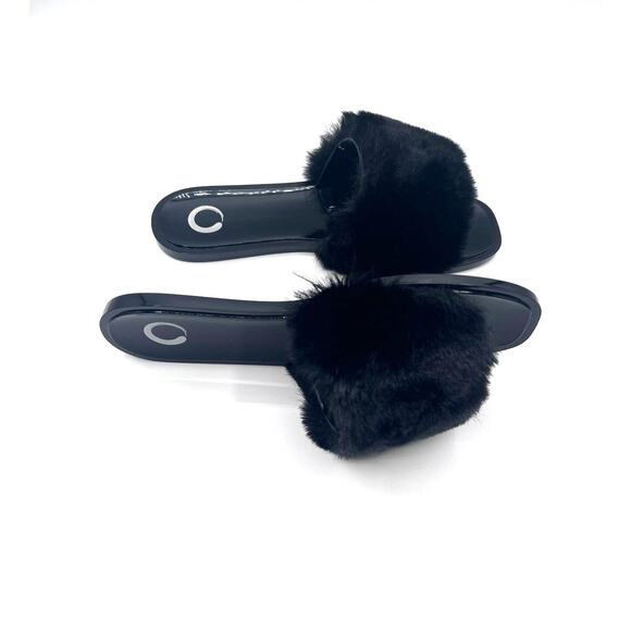 JOURNEE COLLECTION 'DUSK' FAUX FUR BAND SLIDE SANDALS BLACK WOMENS 7M NEW - Picture 7 of 12